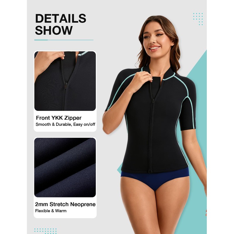 Lemorecn Women’s 2mm Wetsuit Top Short Sleeve, Front Zip Wet