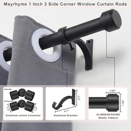Mayrhyme Warm Gold Bay Window Curtain Rods with Aluminum End Cap Finials and Brackets,Adjustable 36-72 Inch Center Rod for windows (24-68’’), 20-36 Inch Side Rods for windows (16-32’’),1 Inch Diameter