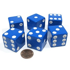Koplow Games Set of 6 D6 25mm Large Opaque Jumbo Dice - Blue with White Pip