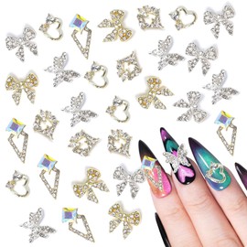 XEAOHESY 30 Pieces Alloy Gold Silver Bow Nail Charms Cute Butterfly Charms for Nails Heart Nail Charms Triangle Nail Charms Inlaid Clear AB Rhinestone for Women Girls Nail Art
