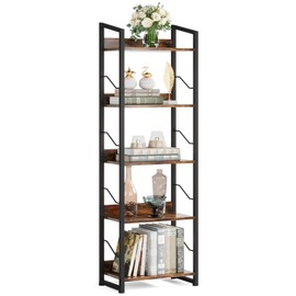Hosfais 5 Tier Tall Bookshelf: Industrial Wood Book Shelf with Edge Protection Metal Narrow Bookshelf Bookcase Storage Organizer Display Rack for Living Room Home Office (Rustic Brown)