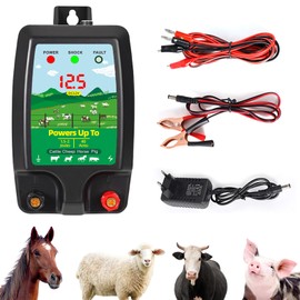 SROCHN Electric Fence Device with LCD Display, 10 km Range, 2 Joules, 12 kV, Electric Fence Device for Cattle, Sheep and Other Farm Animals