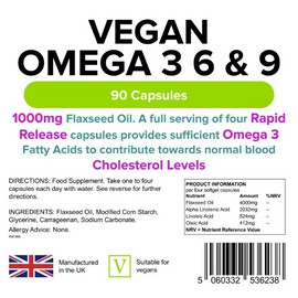 Vegan Omega 3 6 & 9 1000mg 90 Capsules Flaxseed Oil Blood Cholesterol Lindens 5060332536238