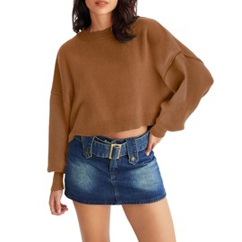 MEROKEETY Womens Cropped Sweaters Causal Crewneck Batwing Sleeve Knit Top Side Split Oversized Pullover Sweater Jumper Brown Medium