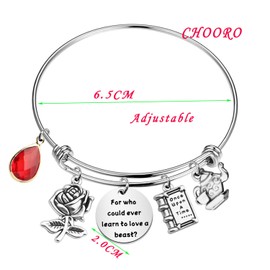 CHOORO Beauty and the Beast Quote Jewelry For Who Could Ever Learn to Love a Beast Bracelet Rose Charm Bracelet Gift For Her (Love a Beast Bracelet)