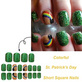24Pcs St. Patrick's Day Press on Nails Green Glitter Fake Nails with Rainbow Can Designs Glue on Nails Short Square False Nails Full Cover Stick on Nails for Women Irish Nail Decorations