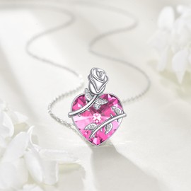 DAYLINLOVE Birthstone Necklace 925 Sterling Silver Rose Flower Heart Pendant Necklace Birthstone Jewellery with Crystal Gifts for Women Wife Mom Girlfriend (10-Oct - Pink Tourmaline)