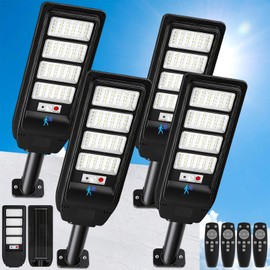 Solar Street Lights Outdoor Waterproof, 4-Pack LED Flood Lights with Motion Sensor, 6500K 18000LM Dusk to Dawn Solar Light Outside, Solar-Powered Commercial Area Security Lighting for Parking Lot Yard