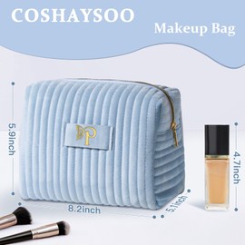COSHAYSOO Travel Makeup Bag Quilted Make Up Pouch Initial Cosmetic Case with Butterfly Decorations for Women Lipstick Glossier Lipgloss Lip Stain Moisturizer Mascara Eyeliner Organizer Blue Letter P