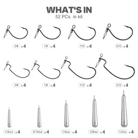 52-Pack Drop Shot Rig Kit - 8 Sizes Swivel Hooks (32 Pcs) & 20 Weights (1/8oz to 1/2oz) - Quick Dropshot Rigging for Bass Fishing