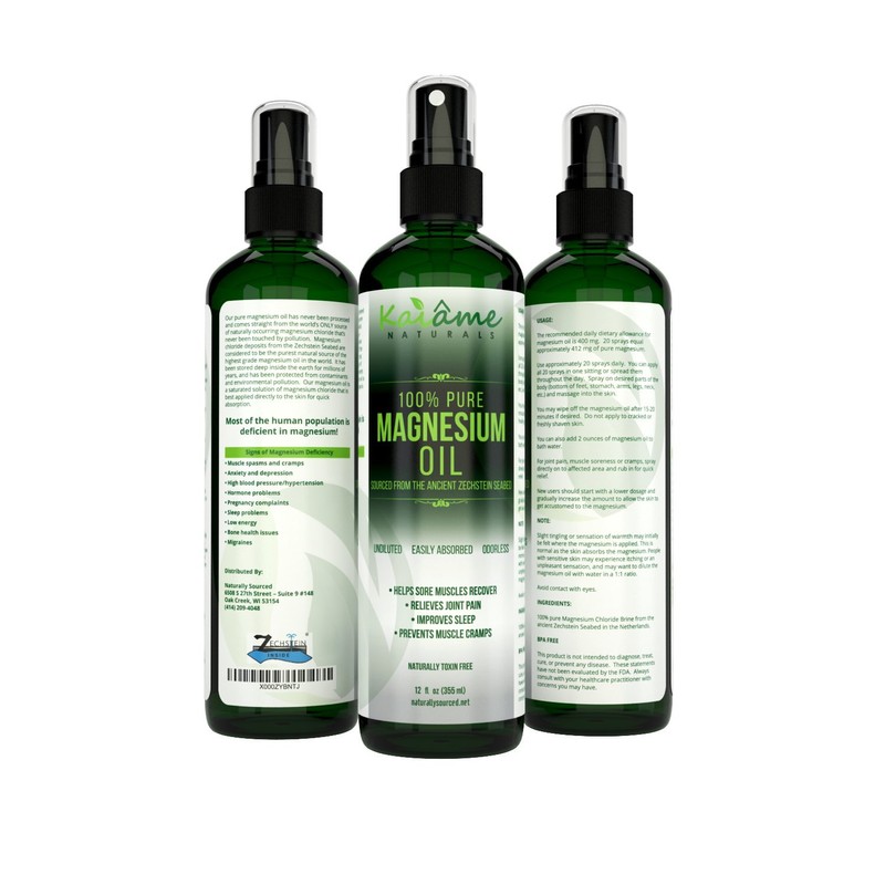 Kaiame Naturals Magnesium Oil Spray, Large 12 oz, Undiluted, Pure