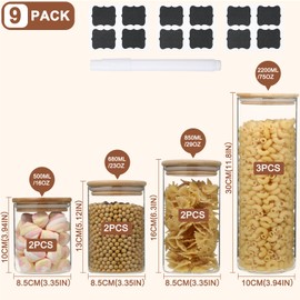 Eclawen Glass Storage Jars Set with Airtight Bamboo Lids, 3pcs75oz & 2pcs 29oz & 2pcs 23oz& 2pcs16ozRound Glass Containers for Kitchen Organization, Pantry Storage, and Seasonings (9pcs)