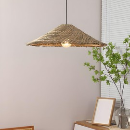 LIGHTLAND Rustic Style Conical Shade Pendant Light Restaurant Straw Rattan Chandelier, Rattan Straw Hat Light Fixture 15.7 Inch