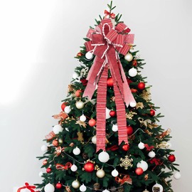 Dickly Christmas Tree Topper Bow Xmas Tree Ornament Cute Christmas Decoration Christmas Tree Top Bow for Indoor Winter Living Room, Red WhiteEdge32x82cm