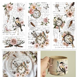 ORIGACH 3 Sheet Vintage Floral, Bird, Clock & Feather Rub on Transfers for Crafts and Furniture Floral Home Decor Transfers Wall Art Decals for Bedroom Living Room Desk Table Decor, 6 x 12
