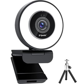 Spedal Webcam with 4K Ring Light, Built-in Privacy Cover & Dual Microphone, Fast Autofocus, Adjustable Brightness, USB Streaming Webcam with Tripod (Black)