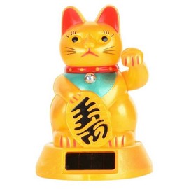 Monkey King Gold Japanese Maneki Neko Solar Powered Feng Shui Lucky Beckoning Waving Cat 5-inch Tall