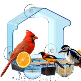 LUJII 6-in-1 Window Bird Feeder with Strongest Suction Cups, All-in-one Feeder for Bird Seed, Suet Ball, Mealworm, Oriole Orange Fruit, Jam or Water, Easy to Clean with 2 Removable Trays, Blue