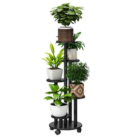 FILWH Plant Stand For Outdoor Indoor Tall Bamboo Flower Stand with Wheels Plant Shelf Pot Holder Plants Corner Display Rack for Balcony Garden Patio(Black)