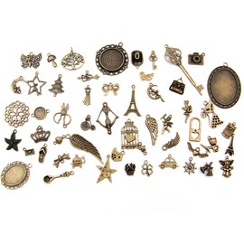 ALL in ONE Mixed Antique Bronze Alloy Pendants Beads Charms Chains Connectors Jewelry Findings : Animal, Tree, Flower, Star, Love, Crown, Key, Lock, Cross, Angel, Wing (100pcs, Antique Bronze)