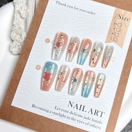 Handmade Press on Nails Medium Coffin Fake Nails with 5D Gold Rhinestone Sun Star Design Glossy Ombre Red Blue Glue on Nails Bow False Nails Moon Stick on Nails for Women Girls Manicure 30Pcs