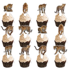 24pcs Leopard Cheetah Dessert Cupcake Topper for Sarafi Jungle Wild Animal Theme Decor Supplies Baby Shower Men Women Anniversary Happy Birthday Party Decoration