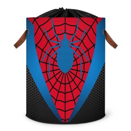 Large Laundry Hamper Basket with Lid, Round Collapsible Storage Organizer Bin for Kids Room, Boys, Nursery, Closet, Bedroom, Playroom, Toys, Dirty Clothes, 16"W x 20"H Red and Blue Spider Web