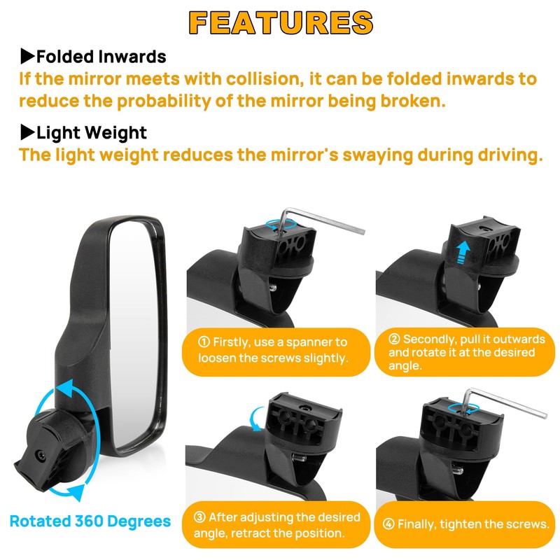 UTV Side View Mirrors, PSLER UTV Universal Rear View Side