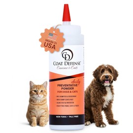 COAT DEFENSE Daily Preventative Powder | Made in USA | 9oz Precision Point Waterless Dog Shampoo & Pet Deodorizer for Smelly Dogs | Provides Anti Itch Relief | Dog Shampoo for Dry Itchy Skin