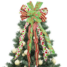 Christmas Tree Topper, 47 X 13 Inches Large Christmas Tree Topper Bow, Green Wreath Bow Tree Topper for Home Thanksgiving, Christmas, New Year Decorations