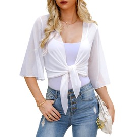 Wayleb Bolero Women's Jacket 3/4 Sleeve Chiffon Cardigan Summer Short Cardigan Elegant Jaeckchen Festive Lightweight Bolero Jacket Top S-XXL, White
