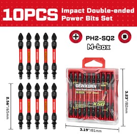 Geinxurn 10Pcs PH2-SQ2 Impact Double End Screwdriver Bit Set, 2.56 in. #2 Phillips /#2 Square Power Driver Bits, Magnetic S2 Steel Two Sides Screwdriver Bits Set with Storage M-Box