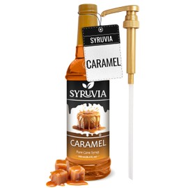 Syruvia Caramel Syrup for Coffee with Syrup Pump Dispenser, Flavored Coffee Syrup Great for Coffee, Shakes, Smoothies and Cocktails - 25.4 fl oz, Kosher, Gluten-Free, No Coloring