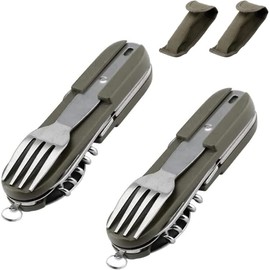 Camping Cutlery Folding Stainless Steel 2 Pieces Folding Cutlery Camping Green Cutlery Set Foldable Outdoor Travel Cutlery Kit 6 in 1 Multifunctional Travel Cutlery Removable Portable for Travel and