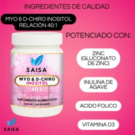 Myo y D - Chiro Inositol 401 Suplemento Alimenticio Potenciado con Inulina de Agave, Zinc, cido Flico y Vitamina D3 Equilibrio Hormonal, Fertilidad