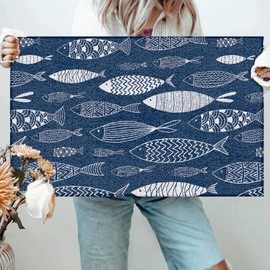VIIJJUE Navy Blue Fish Nautical Door Mat, Lake Beach House Decor Doormat Non-Slip for Front Door Porch Indoor Outside Entrance Entryway, Blue Fishing Lake Beach Welcome Mat, 17x30 Inch