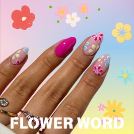 French Tip False Nails - Hot Pink Oval French Tip Press-On Nails Short Almond with Flowers - 24Pcs Glossy White tip Acrylic False Nails with Glue - Full Cover Nail french tip Stick on Nails ﻿