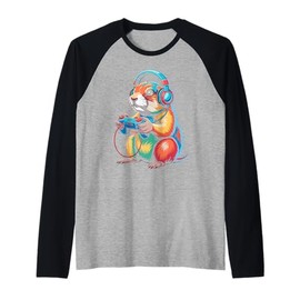 Hamster Headphones Cartoon Gamer Animal Humor Gaming Raglan Baseball Tee