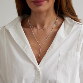 VIROMY Dainty Y Necklace for Women Trendy Lariat Long Layered Necklace 14k Silver Plated Tiny Flat Chain Y-Shaped Chain Necklace Trim Shoulders Neck Simple Necklace Women Jewelry Gift