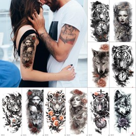 Aivoch Aivoch 10 Sheets Realistic Animals Temporary Tattoo for Men Women Adults, Wolf Tiger Rose Tattoos Stickers, Flowers Fake Tattoo Stickers, Body Art Half Arm Sleeve Tattoos (Animals)