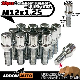 ARROW 10x Chrome M12x1.25 Cone Seat Spline Lug Bolt 28mm Shank Fit Cherokee Compass