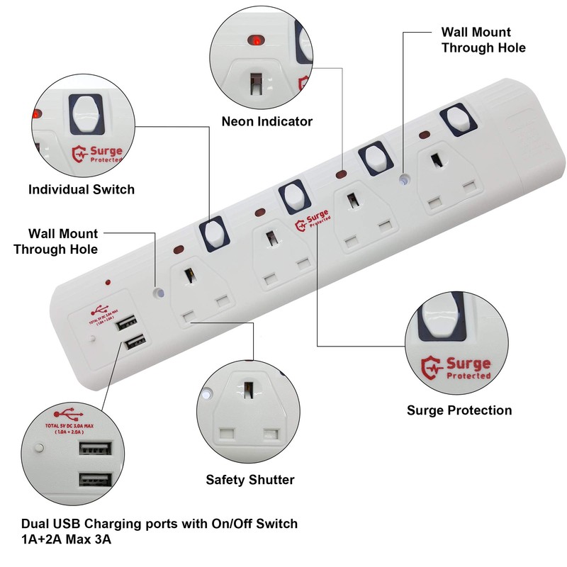 Innoteck 5M 4 Way Switched Extension Lead with 2USB ports