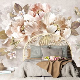 Bormia Floral Wallpaper 3D Peony Butterfly Wall Mural for Living Room Bedroom(Not Peel n' Stick)