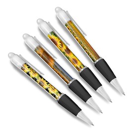 DV DESIGN Set of 4 Sunflower White Ballpoint Pens - Floral Flowers Field Pattern Print Spring Friends Boys Girls Men Women Theme Pen #79356
