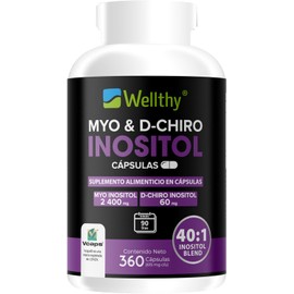 Wellthy Myo & D-Chiro Inositol 360 Cápsulas. Mezcla Óptima 40:1, 2400mg Myo Inositol y 60mg D-Chiro Inositol, Ingredientes 100% Naturales, Gluten Free, Sugar Free, Vegan
