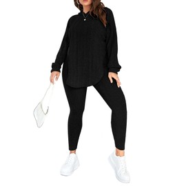 Vaimti Women's Plus Size Pajama Set Lounge Set Long Sleeve Tops Wide Leg Pants Workout Sets Tracksuit (US, Alpha, 3X, Plus, Regular, black)