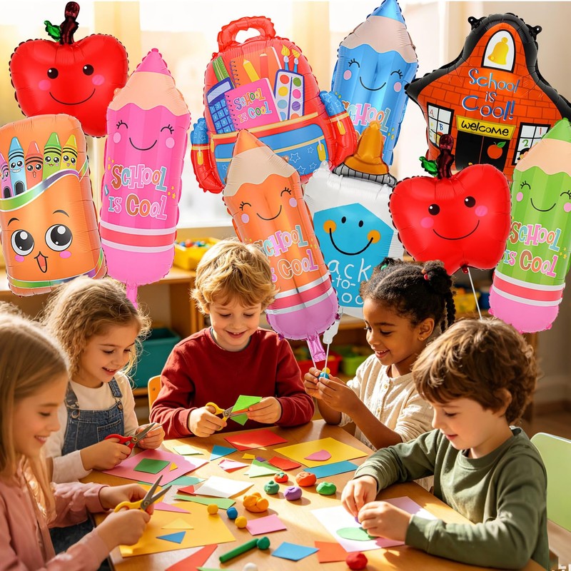 10 Pcs Back to School Balloons with Pencil, Bag, Crayon