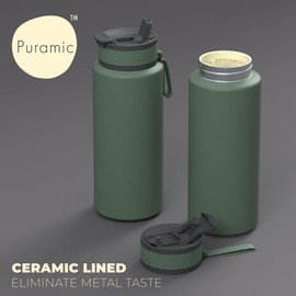 asobu Boulder Puramic™ Insulated Sport Water Bottle with Dual Function Flip Open and Straw Lid for Hot Coffee and Cold Ice Coffee with Ceramic Coating 34 oz (Basil Green)