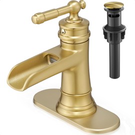 HOIGY Waterfall Bathroom Sink Faucet, Brass Gold Bathroom Faucet 1 Hole, Single Handle Bathroom Faucets for Sinks, 4 Inch 3 Holes Faucet Bathroom Sink with Drain Deck Plate Supply Hoses for Lavatory