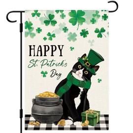 DLZDN Happy St Patricks Day Cat Garden Flag Shamrocks Clovers Tuxedo Cat Garden Flag 12×18 Inch Double Sided Buffalo Plaid Farmhouse Welcome Yard Flag Holiday Outdoor Decor